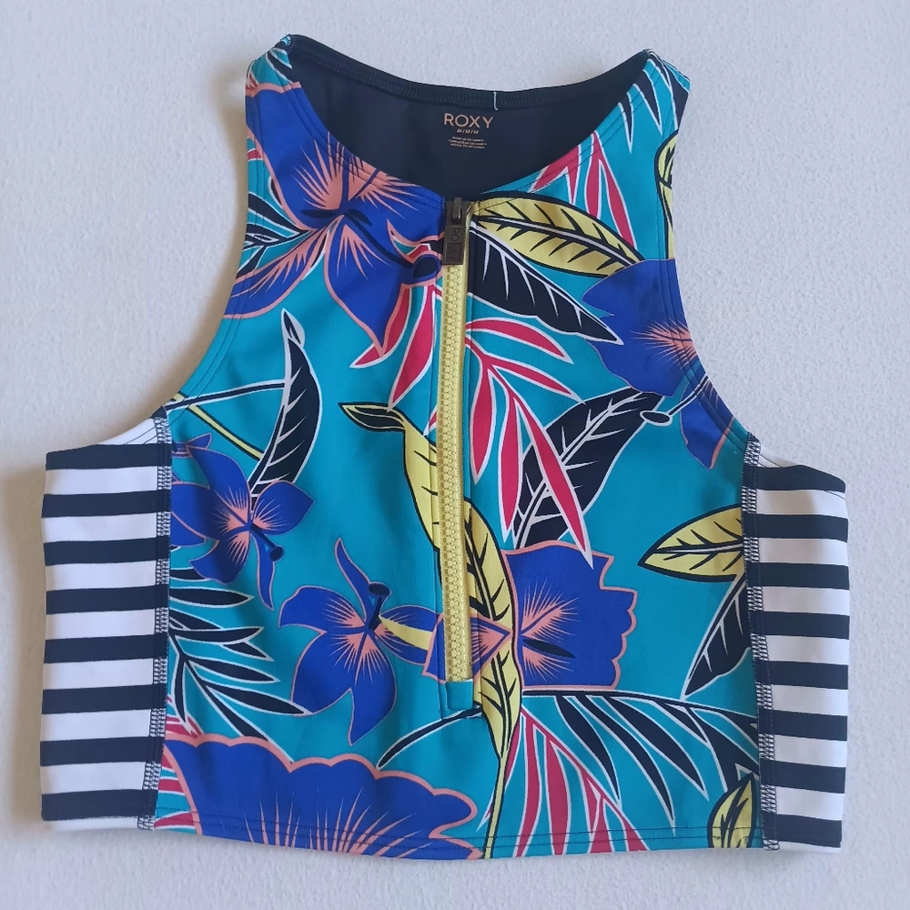 Roxy Floral and Striped Swim Top With Zipper